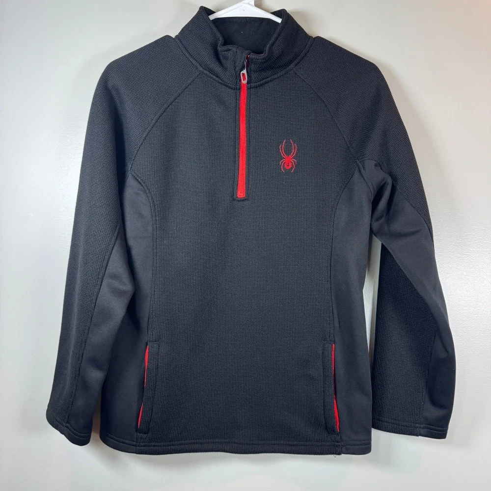 Spyder Boys 14/16 Black Red Quarter Zip Fleece Pullover Jacket Waffle Athleisure